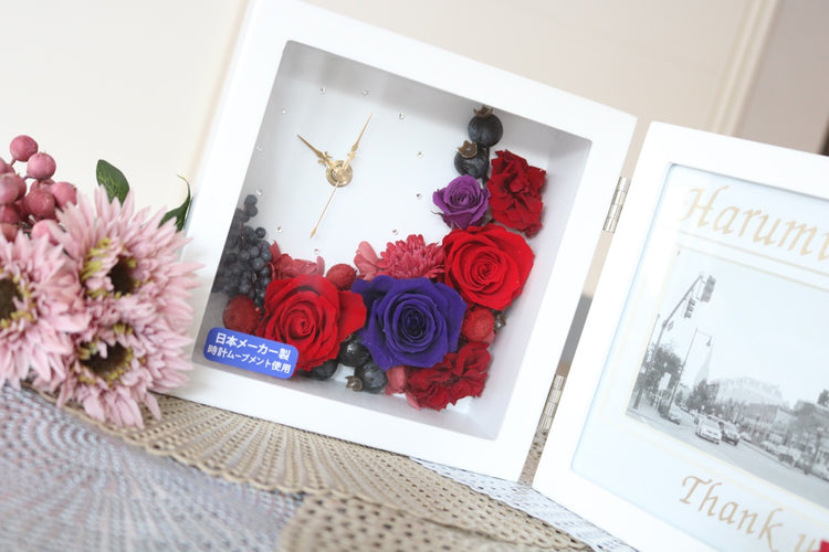 フォトフレーム付きお花の置時計